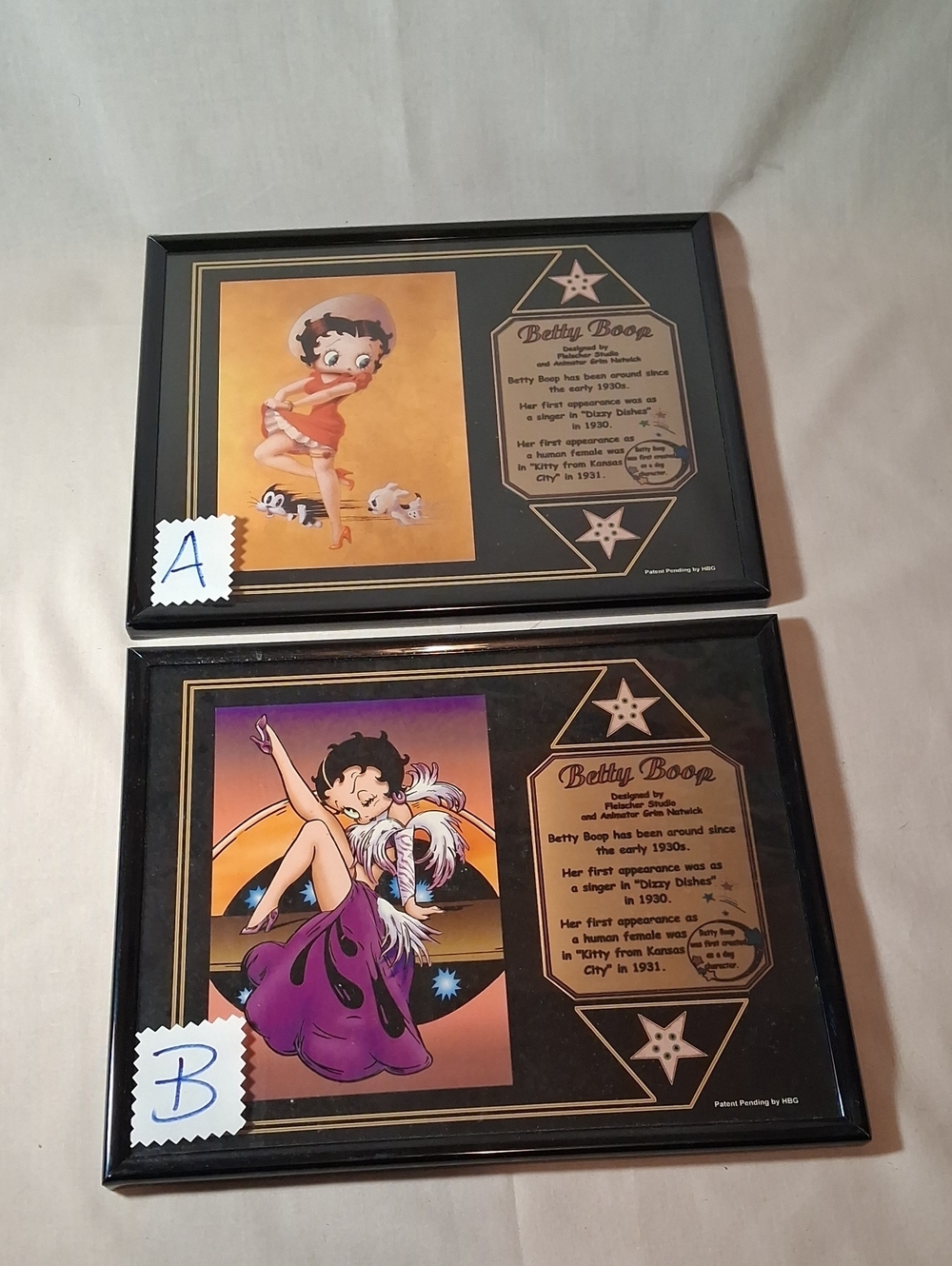 Vintage Betty Boop Black Framed Pictures With Betty Boop Statistics Written